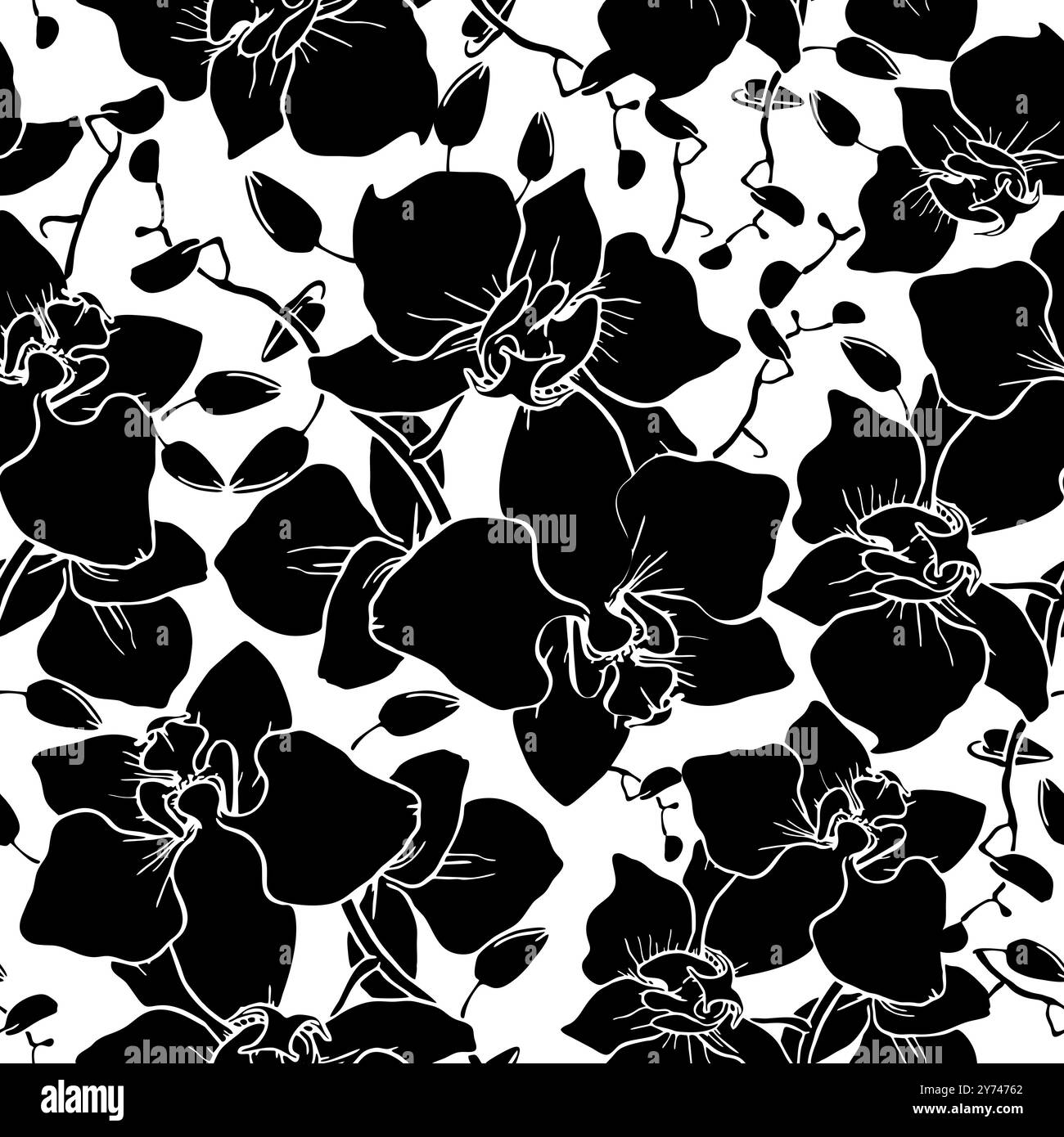motif sans couture de grandes silhouettes noires d'orchidées sur fond blanc, texture, design Banque D'Images