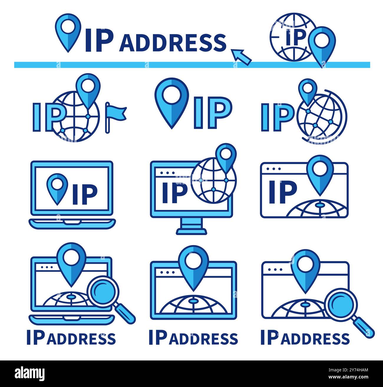 Pointeur de localisation de protocole Internet d'adresse IP, géolocalisation de réseau informatique en ligne. Jeu d'icônes de position de navigation Web GPS global du périphérique numérique mobile Illustration de Vecteur