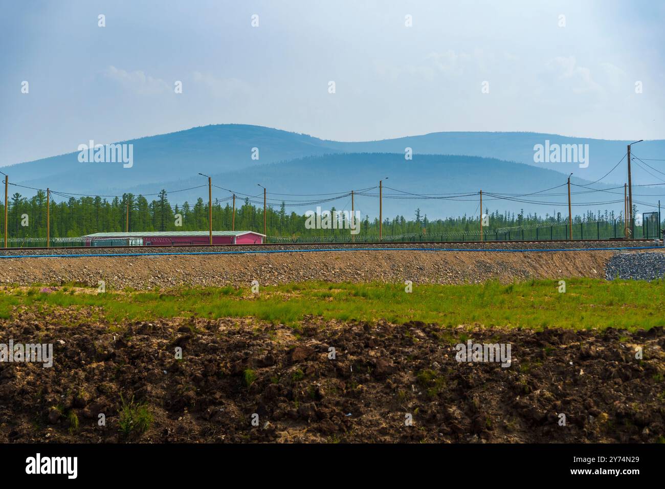 Un paysage large et ouvert avec une végétation clairsemée et des parcelles rocheuses au premier plan, menant à une forêt dense et une chaîne de montagnes lointaine sous un s brumeux Banque D'Images