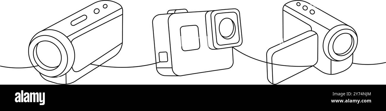 Caméra vidéo professionnelle, caméra d'action dessin continu d'une ligne. EQUIPEMENT photo professionnel. Illustration linéaire vectorielle. Illustration de Vecteur