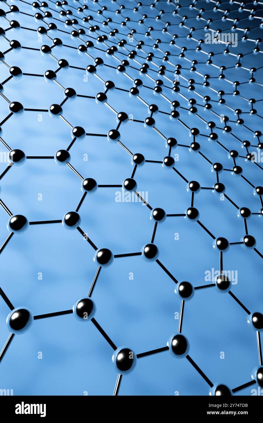 Illustration de la structure moléculaire du graphène. Le graphène est un allotrope 2D de carbone disposé dans un réseau en nid d'abeilles. Il possède des propriétés uniques telles que la conductivité thermique exceptionnelle, la résistance mécanique et la conductivité électrique. Banque D'Images