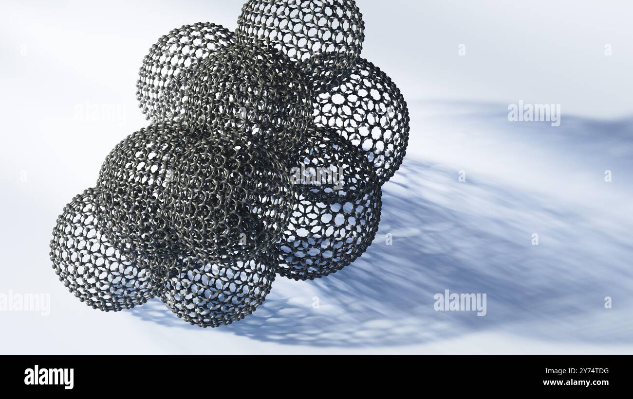 Illustration d'une mésoéponge de graphène. Les mésoéponges de graphène se composent d'une structure poreuse 3D faite de feuilles de graphène interconnectées. La structure unique de la mésoéponge offre une conductivité élevée, une flexibilité et une résistance mécanique remarquable, ce qui en fait un matériau prometteur pour le stockage de l'énergie, la catalyse, l'électronique et l'assainissement de l'environnement. Banque D'Images