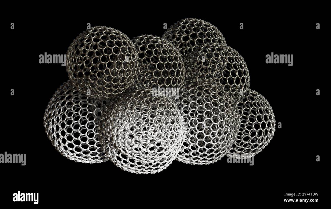 Illustration d'une mésoéponge de graphène. Les mésoéponges de graphène se composent d'une structure poreuse 3D faite de feuilles de graphène interconnectées. La structure unique de la mésoéponge offre une conductivité élevée, une flexibilité et une résistance mécanique remarquable, ce qui en fait un matériau prometteur pour le stockage de l'énergie, la catalyse, l'électronique et l'assainissement de l'environnement. Banque D'Images