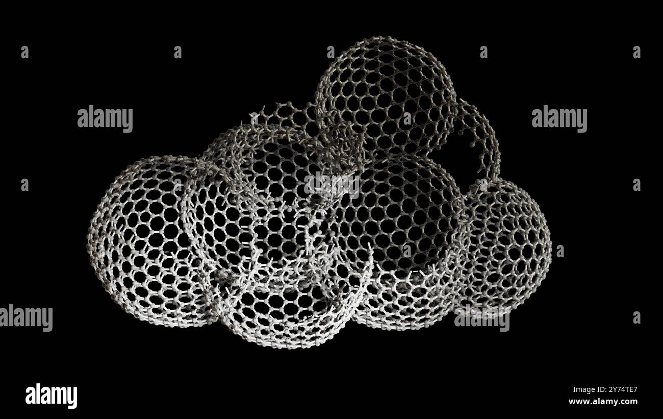Illustration d'une mésoéponge de graphène. Les mésoéponges de graphène se composent d'une structure poreuse 3D faite de feuilles de graphène interconnectées. La structure unique de la mésoéponge offre une conductivité élevée, une flexibilité et une résistance mécanique remarquable, ce qui en fait un matériau prometteur pour le stockage de l'énergie, la catalyse, l'électronique et l'assainissement de l'environnement. Banque D'Images