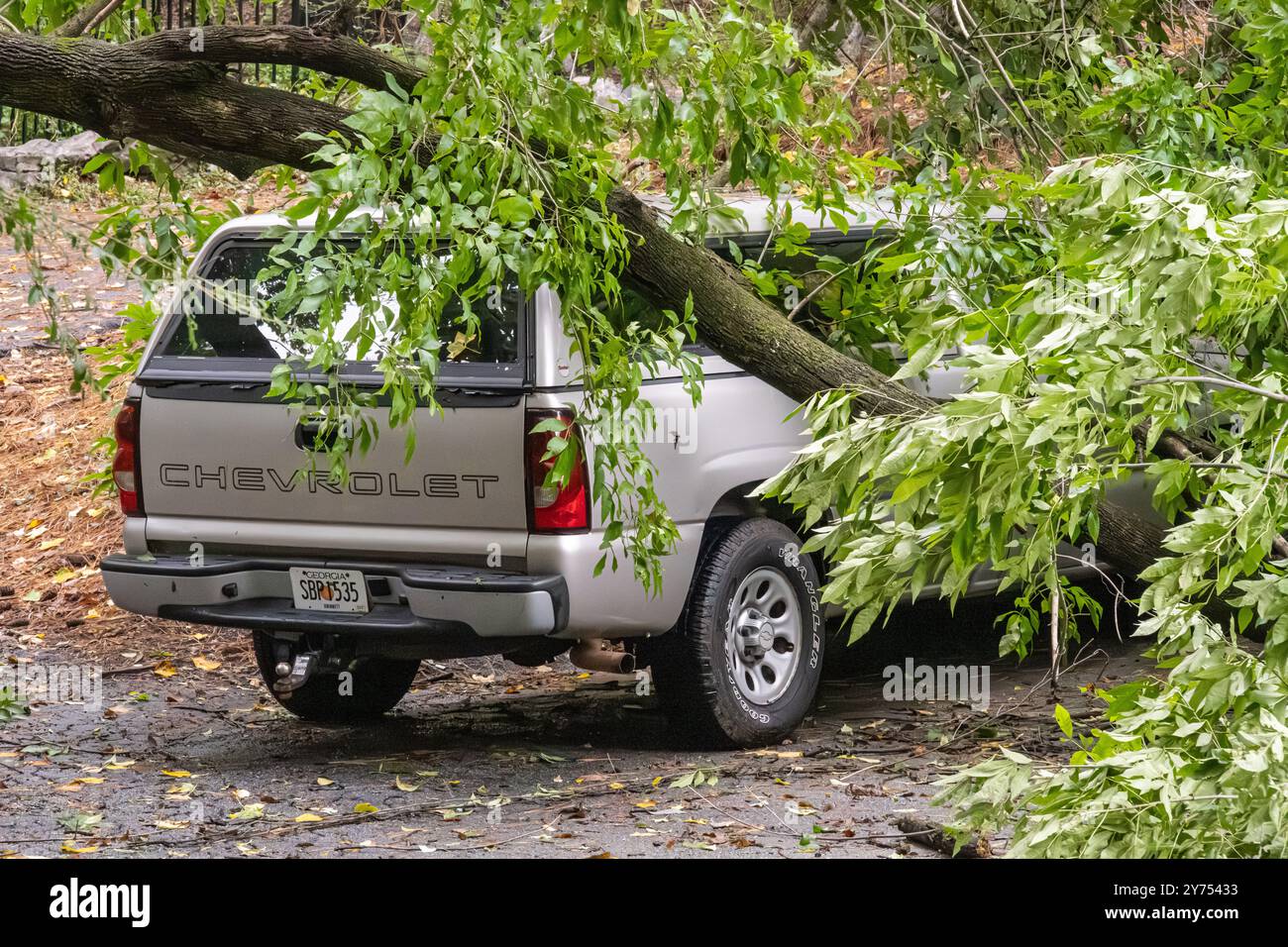 Des dommages à un véhicule causés par un arbre tombé ont été observés à la suite de la tempête de l'ouragan Helena dans le métro d'Atlanta le 27 septembre 2024. (ÉTATS-UNIS) Banque D'Images