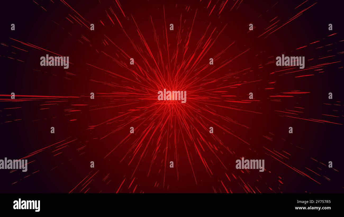 Fond d'explosion de lumière abstraite rouge. Faisceaux lumineux rouges vifs rayonnant d'un point central sur un fond sombre, créant un effet d'explosion dynamique Illustration de Vecteur