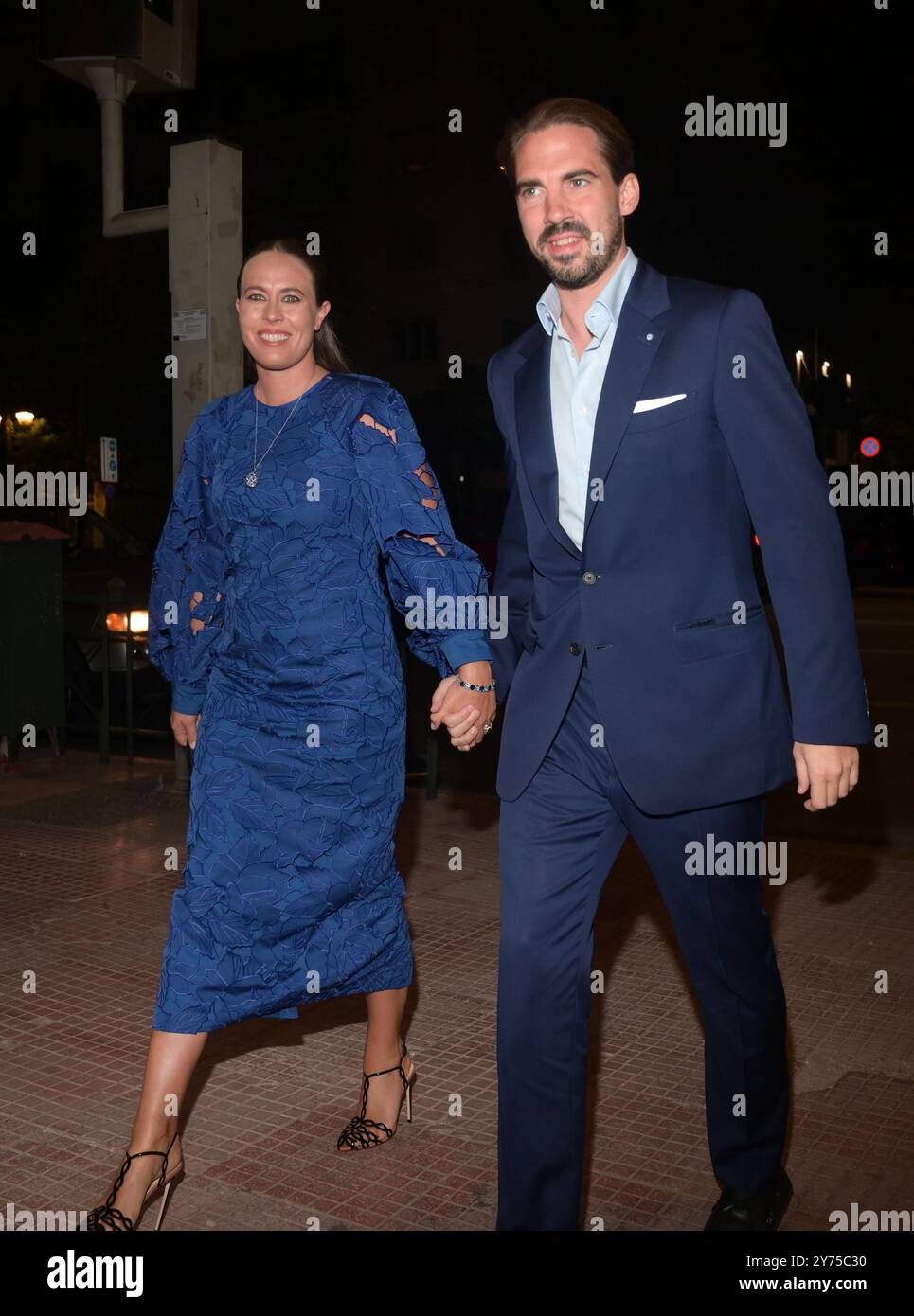 Athènes, Grèce. 27 septembre 2024. Le prince Philippos de Grèce et la princesse Nina de Grèce (née Nina Flohr) assistent au dîner pré-mariage de la princesse Théodora de Grèce à Matthieu Kumar au Musée byzantin et chrétien. Crédit : Dimitris Aspiotis/Alamy Live News Banque D'Images