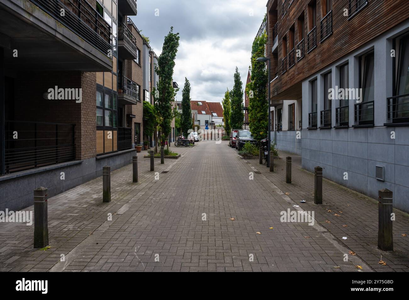 Rue résidentielle avec immeubles d'habitation contemporains, le Clos René Magritte, jette, Bruxelles, Belgique, SEP 27, 2024 Banque D'Images