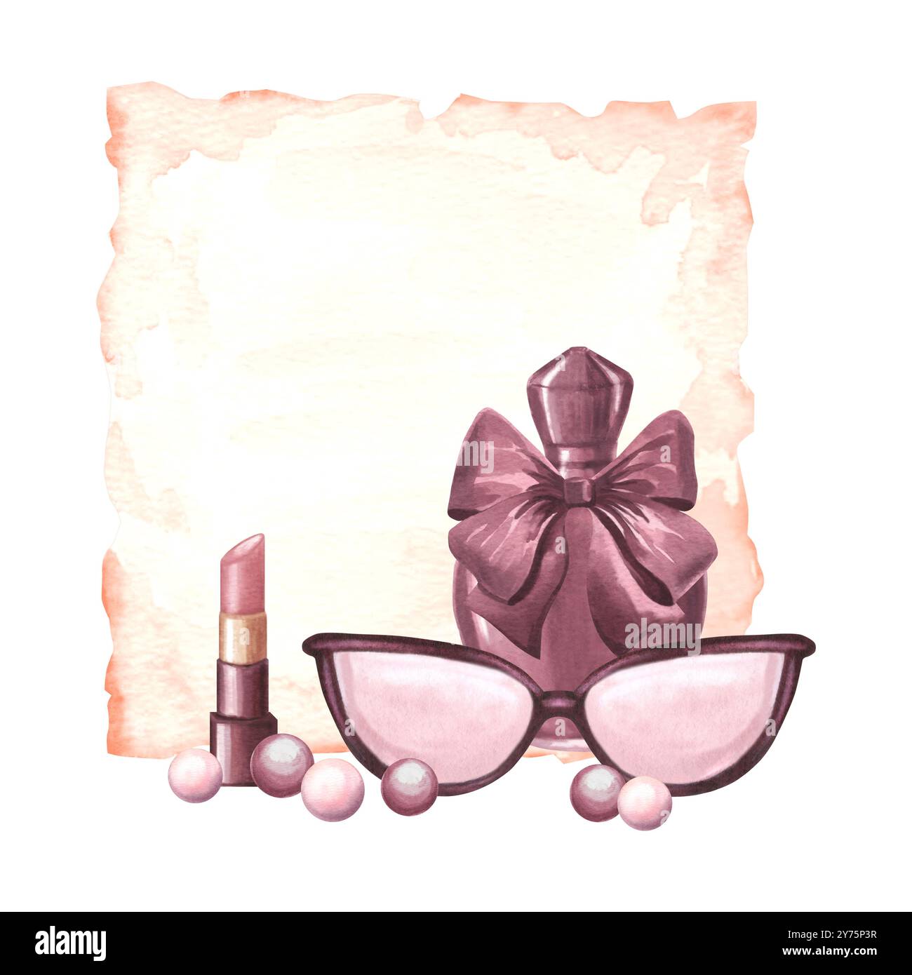 Feuille de papier vieillie avec flacon de parfum, verres et rouge à lèvres. Page parchemin. Illustration d'aquarelle dessinée à la main isolée. Lettre d'amour romantique Banque D'Images