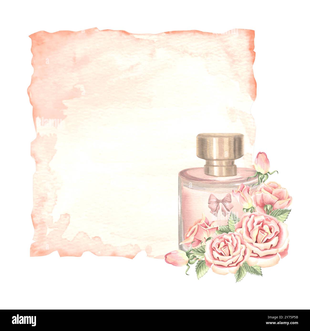 Feuille de papier vieillie avec bouteille de parfum et fleurs de rose. Page parchemin. Illustration d'aquarelle dessinée à la main isolée. Lettre d'amour romantique. Vintage Banque D'Images