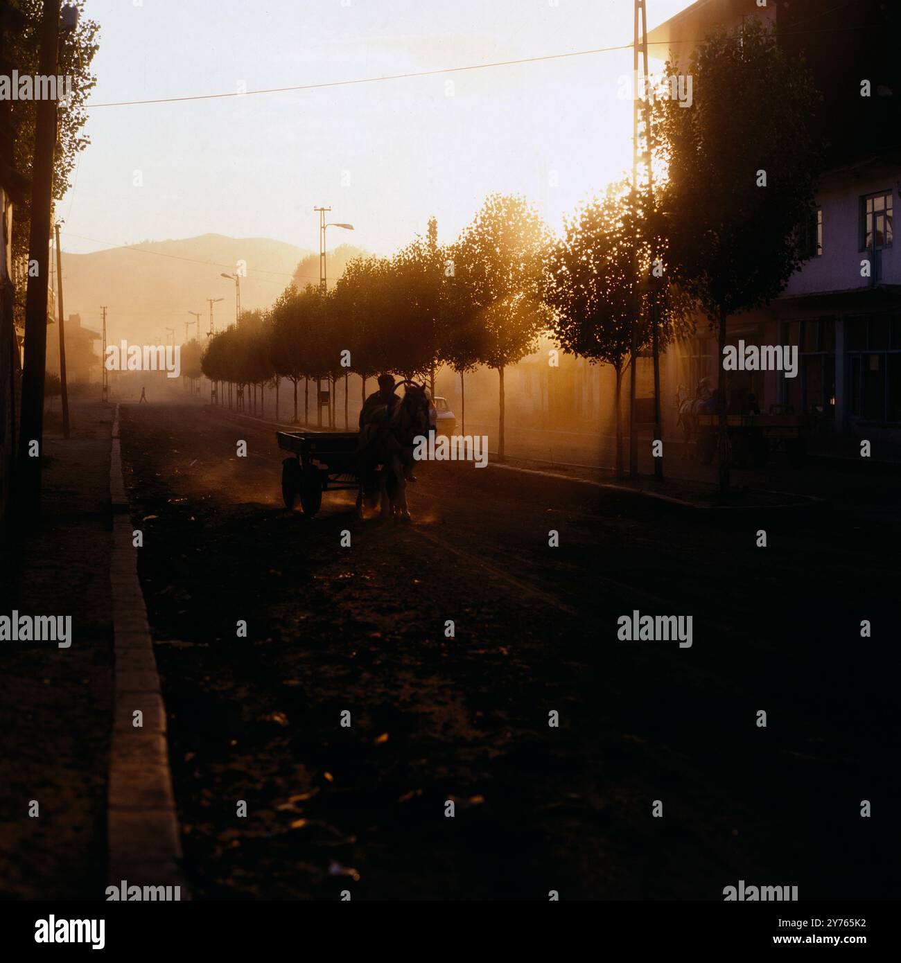 Pferdewagen im Abendlicht in der Kleinstadt Sarikamis (Sarıkamış?) in der Provinz Kars in Ostanatolien, Türkei um 1988. Banque D'Images