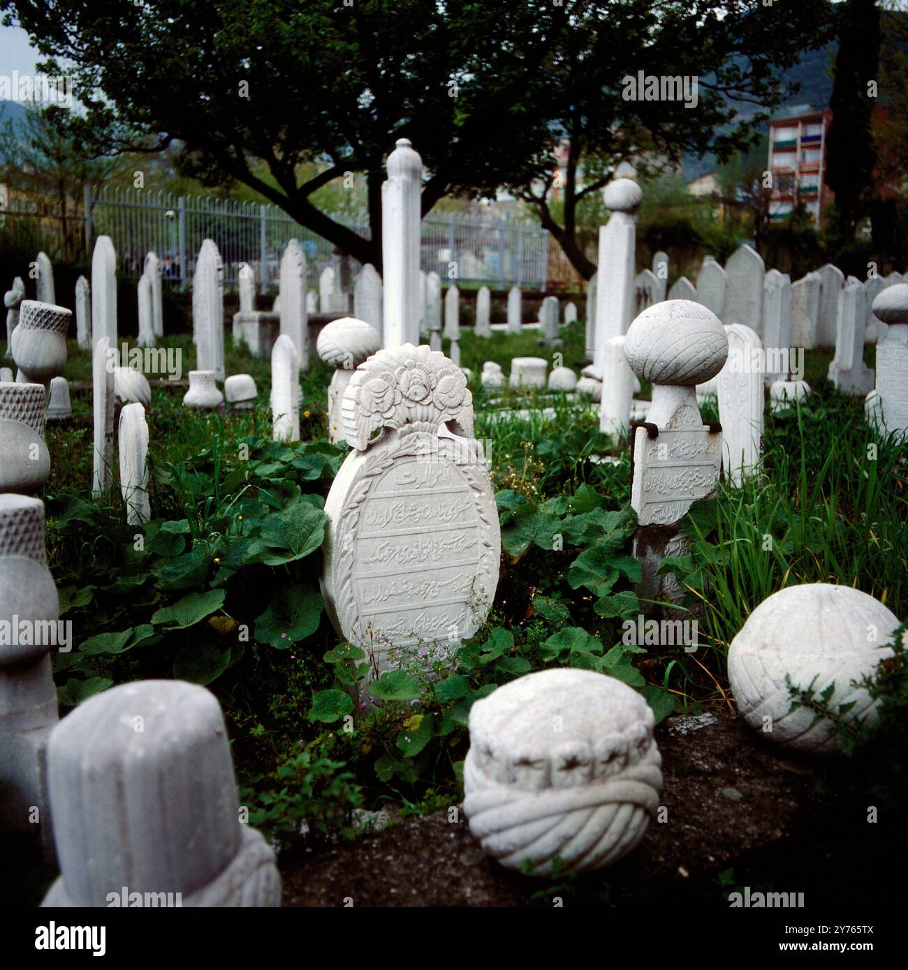 Grabsteine auf einem Friedhof in Bursa in der gleichnamigen Provinz im Nordwesten des Landes, Türkei um 1988. Banque D'Images