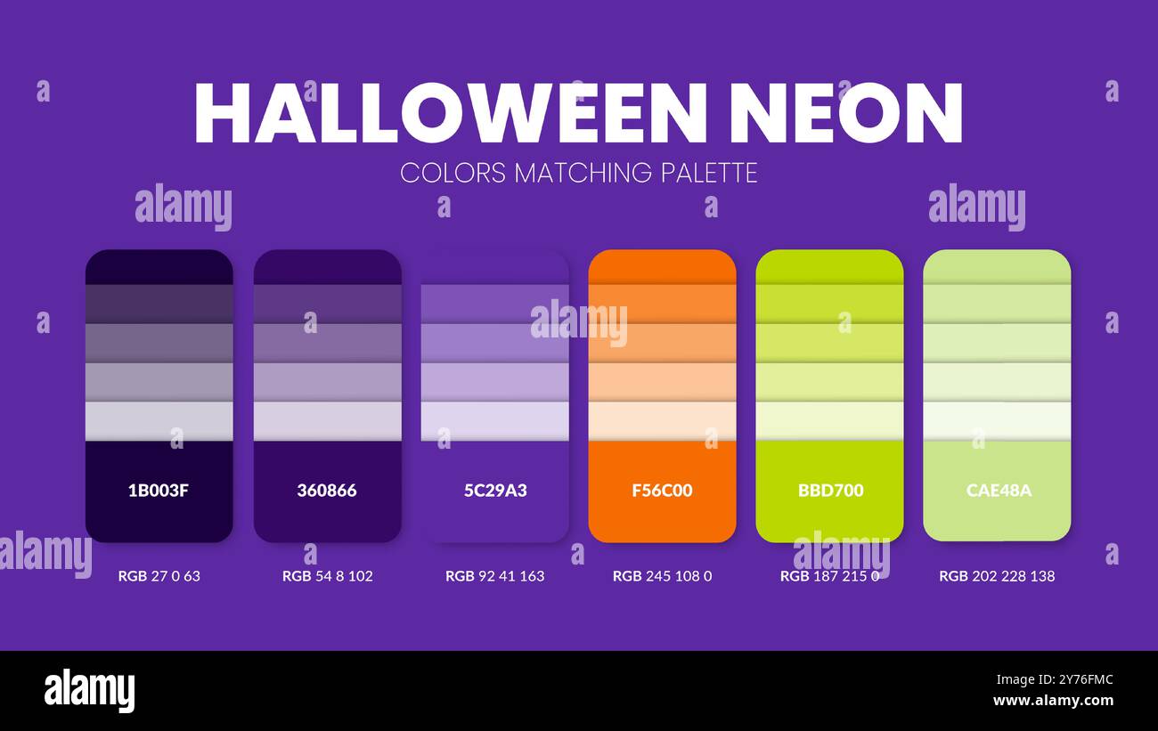 Guide de palette de couleurs dans les collections de thèmes de couleurs d'Halloween. Inspiration de couleur ou graphique avec modèle de codes. Combinaison de couleurs RVB. Nuances de couleurs pour Illustration de Vecteur