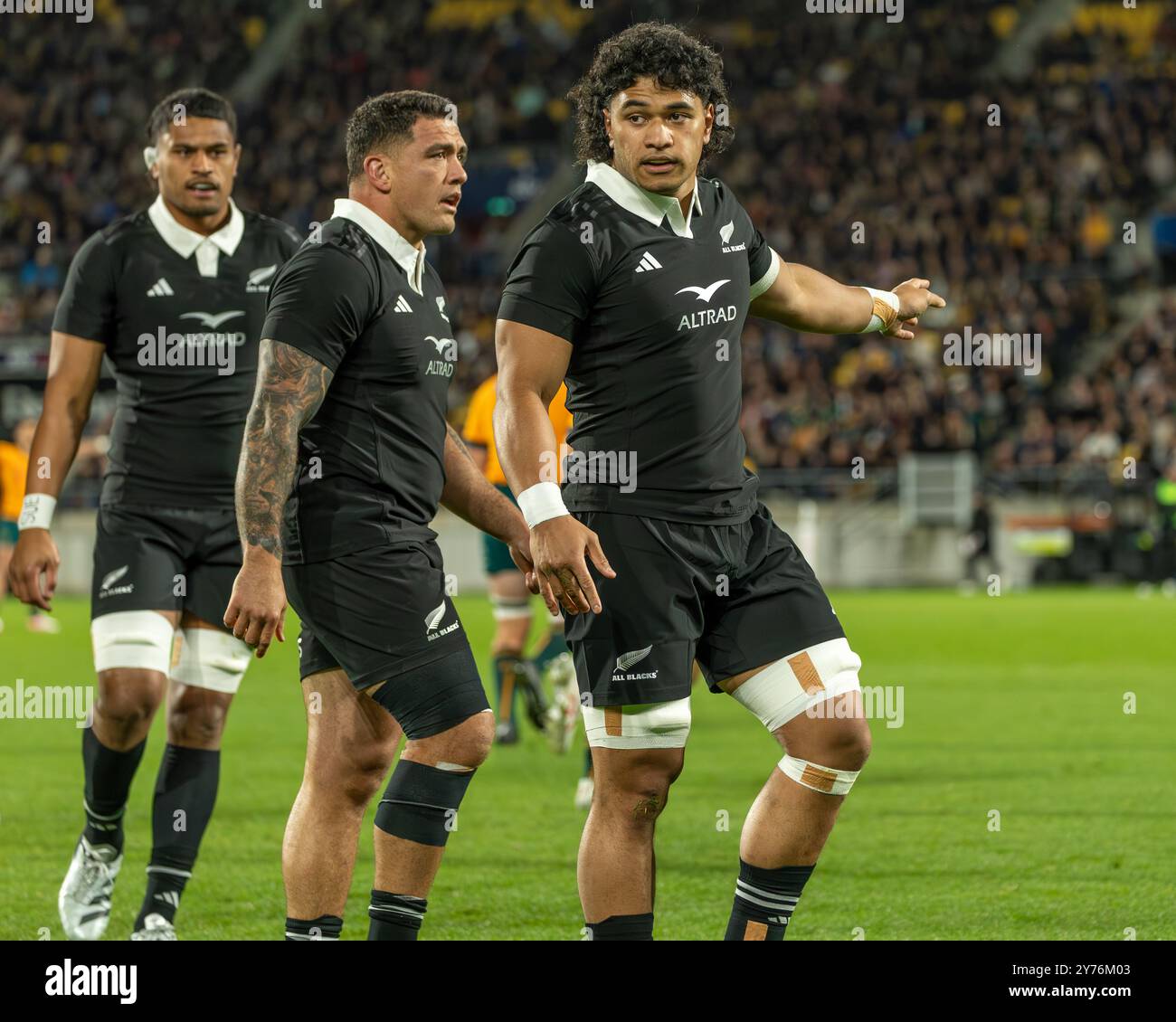 Wellington, Nouvelle-Zélande. 28 septembre 2024. Toutes les instructions de vérification Black flanker Wallace Sititi. New Zealand All Blacks vs Australie. Championnat de rugby, deuxième épreuve de la Bledisloe Cup. Wellington. Nouvelle-Zélande. La Nouvelle-Zélande bat l'Australie 33-13 (HT 19-13). (Joe Serci/SPP) crédit : SPP Sport Press photo. /Alamy Live News Banque D'Images