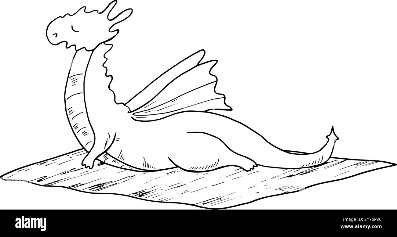 Dragon mignon avec des ailes faisant des étirements sur tapis de mousse Pilates monochrome plat isolé illustration peinte par des encres noires. Animal pratiquant le fitness Illustration de Vecteur