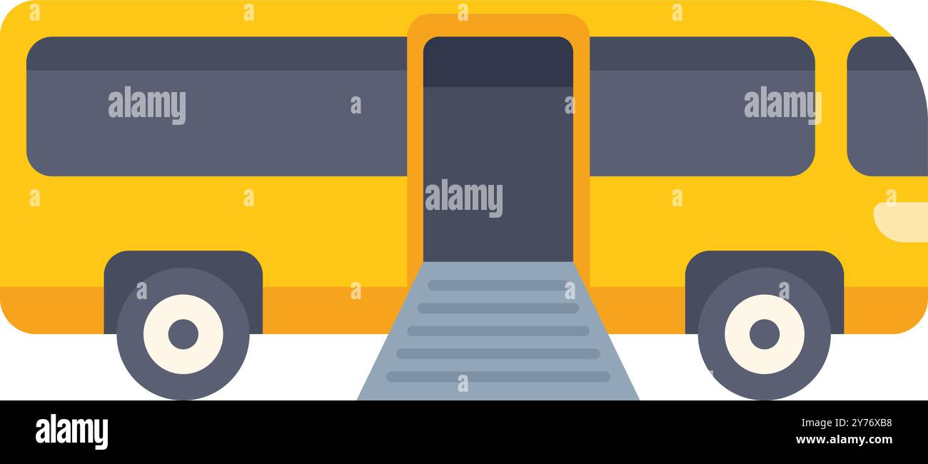 Autobus urbain jaune avec portes ouvertes et rampe de fauteuil roulant étendue pour les personnes handicapées transport public illustration vectorielle plate de véhicule urbain moderne Illustration de Vecteur