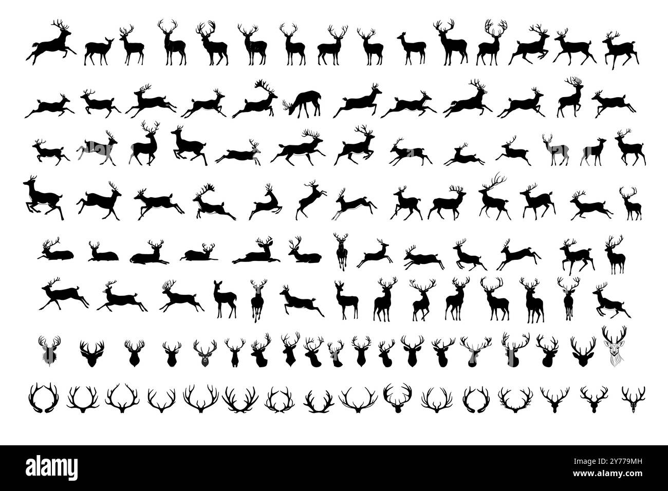 Silhouettes de cerfs dans diverses poses et mouvements. Cerf sur fond blanc. Illustration de Vecteur