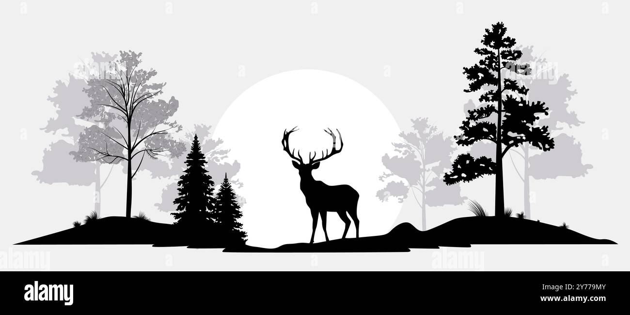 Silhouette d'un cerf et d'arbres. Cerf dans un paysage forestier. Cerf sur fond de forêt et de soleil. Illustration de Vecteur