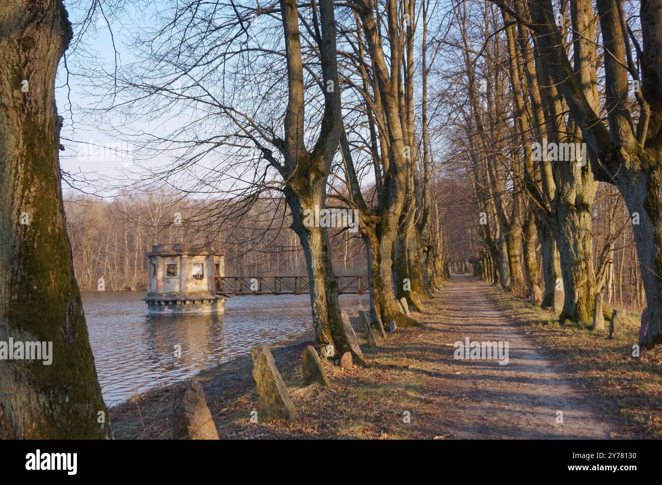 Ruelle sur le lac, ancienne plate-forme d'observation sur l'étang, belvédère d'observation sur le lac, village de Kolosovka, grand étang, région de Kaliningrad, Russie, Europe Banque D'Images