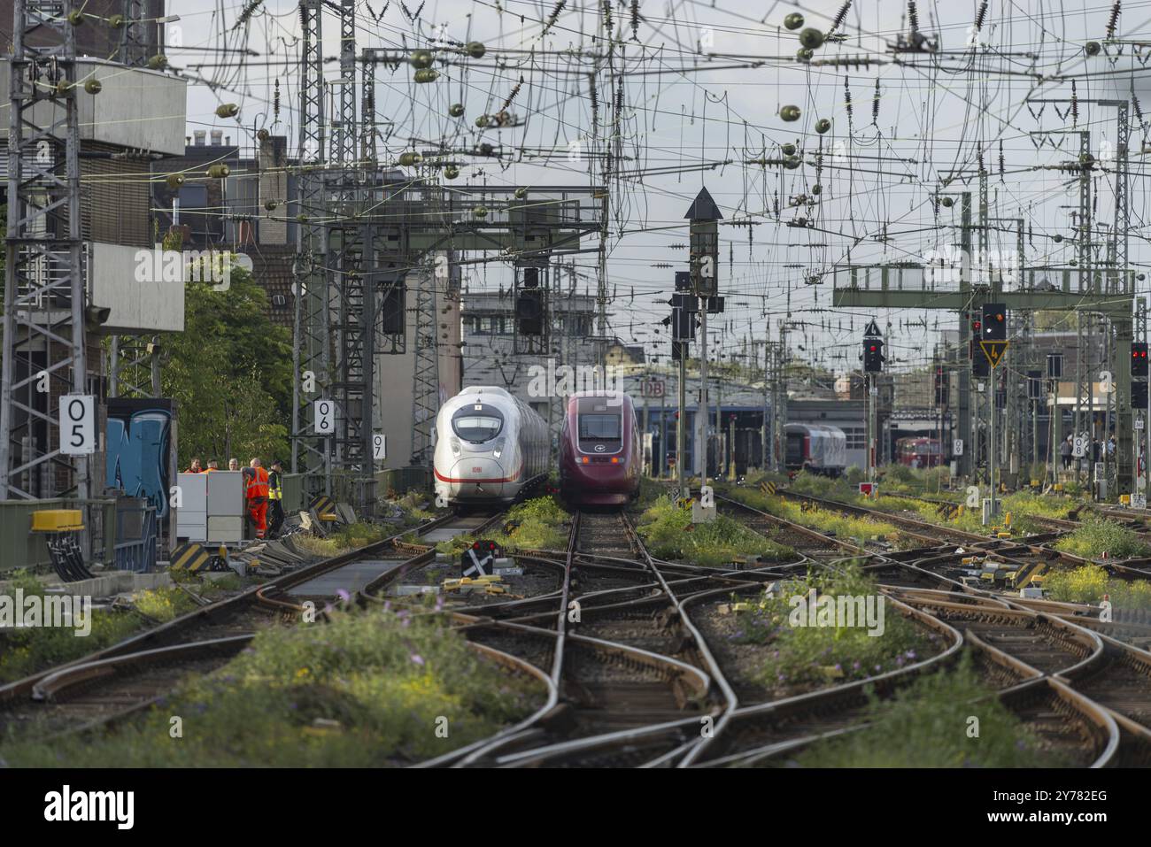 Arrivée ICE et départ Eurostar train sur le chemin de Paris, tablier de quai de la gare centrale de Cologne, Cologne, Rhénanie du Nord-Westphalie, Allemagne, UE Banque D'Images