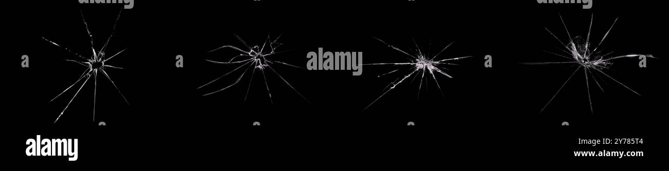 Ensemble de quatre images, verre brisé, fissures et éclats sur la fenêtre, motif de l'impact sur le sol. Concept pour la conception Banque D'Images