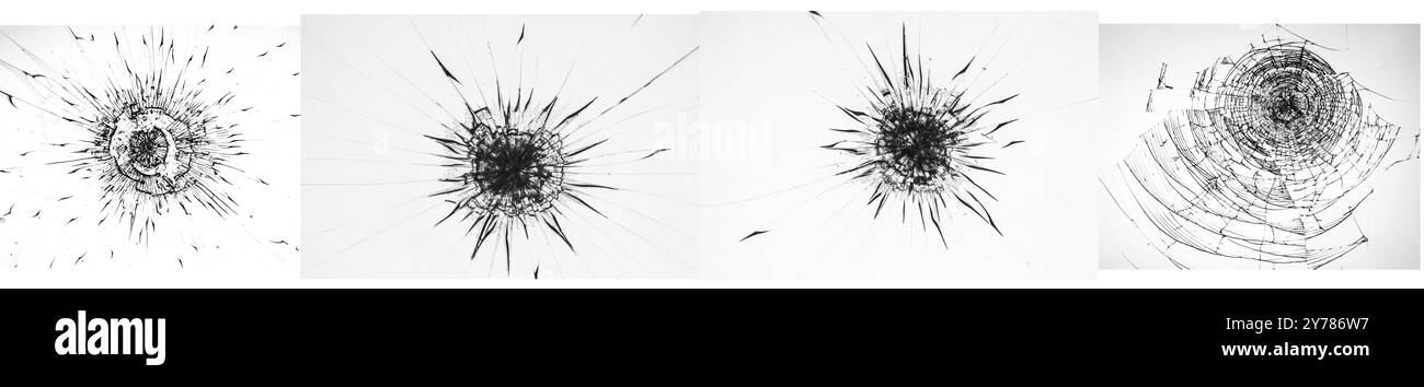Ensemble de fissures sur verre cassé, texture sur fond blanc Banque D'Images