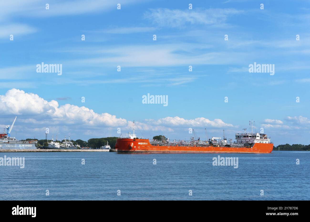 Long navire rouge, cargaison sèche ou porte-conteneurs Banque D'Images