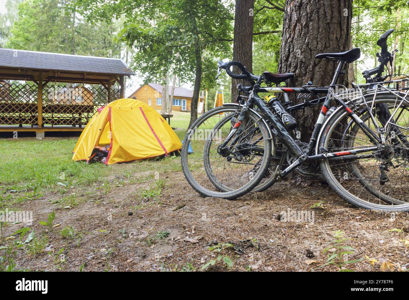 Cyclistes touristes camping, deux vélos et une tente touristique jaune, village de Marinovo, district de Nesterovsky, région de Kaliningrad, Russie, 1er août 2019 Banque D'Images