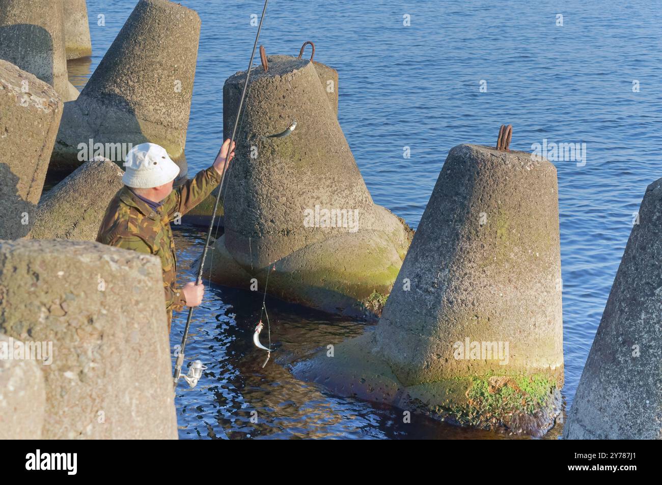 Un homme a attrapé un poisson sur une canne à pêche, pêchant sur un salak, pêchant le soir, pêchant en mer au printemps Banque D'Images