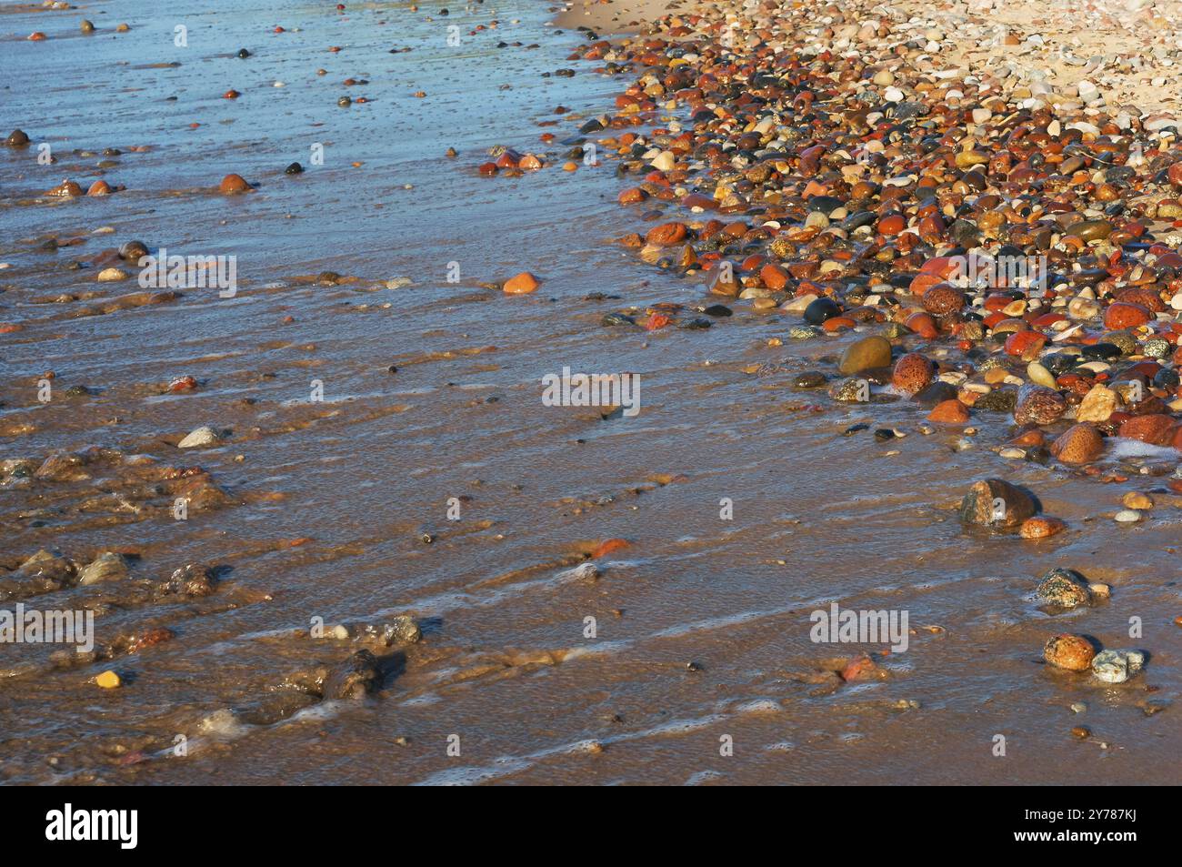 Pierres de mer humides, bande côtière, rouleaux de vagues sur les pierres Banque D'Images