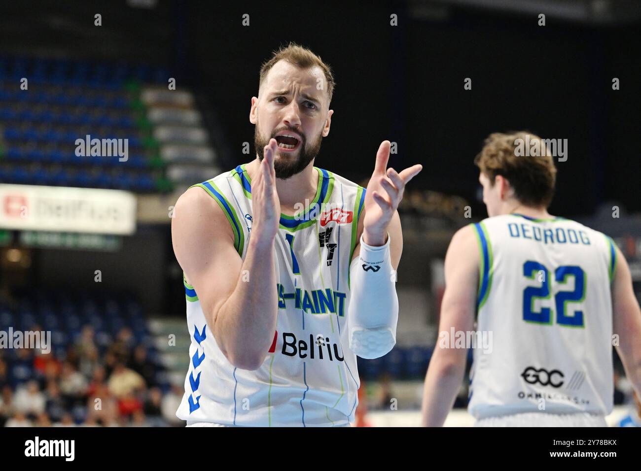 Sint Truiden, Belgique. 28 septembre 2024. Anthony Lambot de Mons photographié lors d'un match de basket-ball entre Mons-Hainaut et Okapi Aalstar, samedi 28 septembre 2024 à Mons, au troisième jour des championnats de paniers de première division 'BNXT League'. BELGA PHOTO MAARTEN STRAETEMANS crédit : Belga News Agency/Alamy Live News Banque D'Images