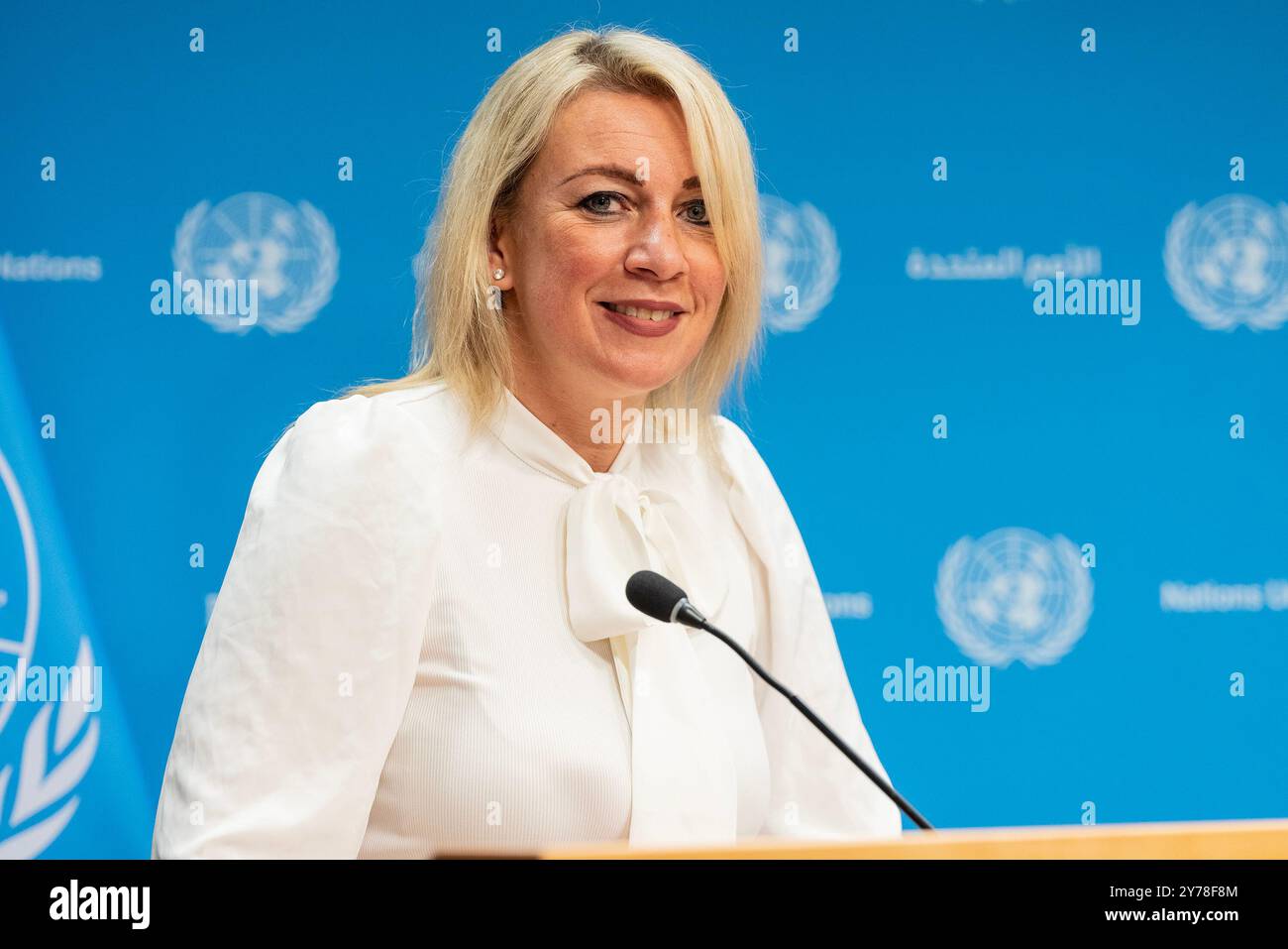 New York, États-Unis. 28 septembre 2024. Maria Zakharova assiste à Sergey Lavrov, ministre des Affaires étrangères de la Fédération de Russie, point de presse au siège de l'ONU à New York (photo de Lev Radin/Pacific Press) crédit : Pacific Press Media production Corp./Alamy Live News Banque D'Images