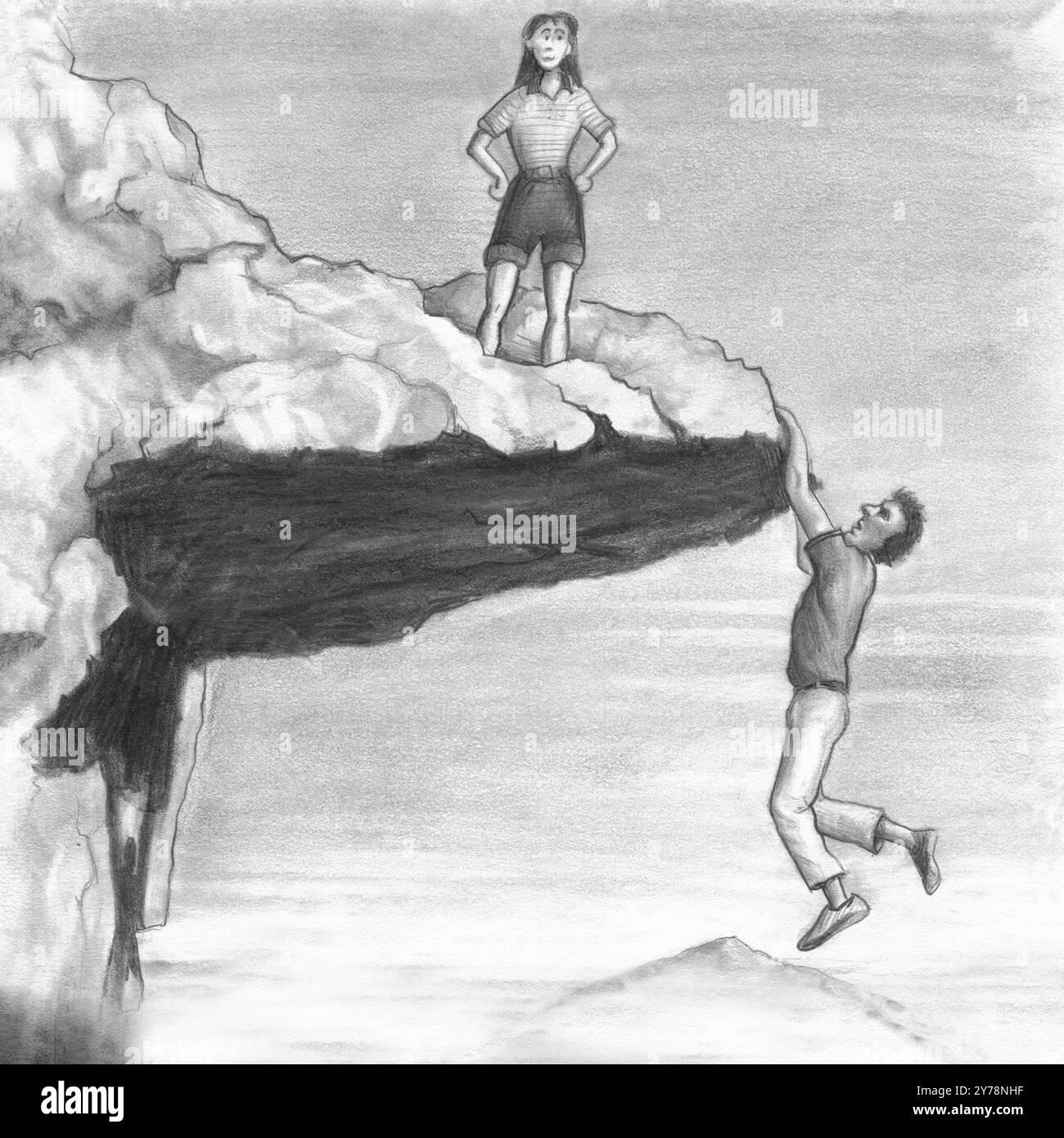 Une femelle se tient sur un affleurement qu'un homme pend du bord inférieur de. Femme regarde du haut d'une falaise tandis qu'un homme y pend avec ses mains. Banque D'Images