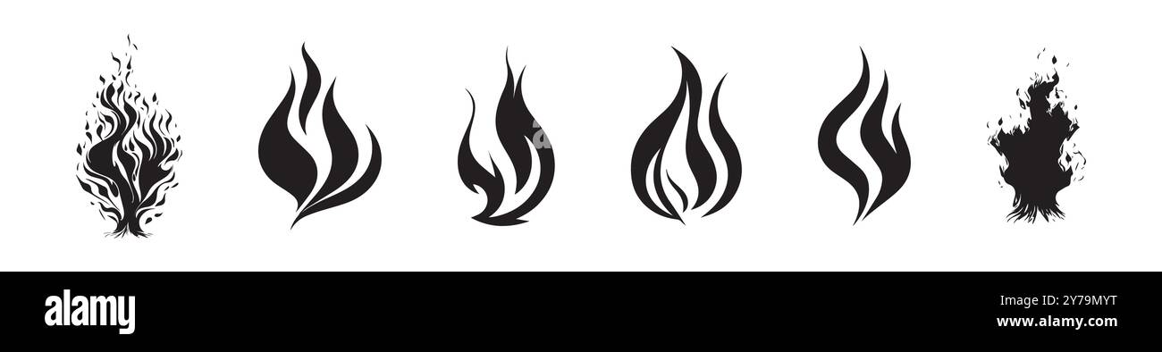 Illustrations de flamme de silhouette noire isolées sur fond blanc. Concept de feu Design, Art élémentaire, Blaze abstrait, décoration minimaliste. Imprimer, icône, Elément de conception. Définir. Illustration de Vecteur