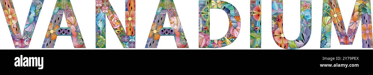 Dessin artistique peint à la main. Mots d'illustration dessinés à la main VANADIUM pour t-shirt et autre décoration Illustration de Vecteur