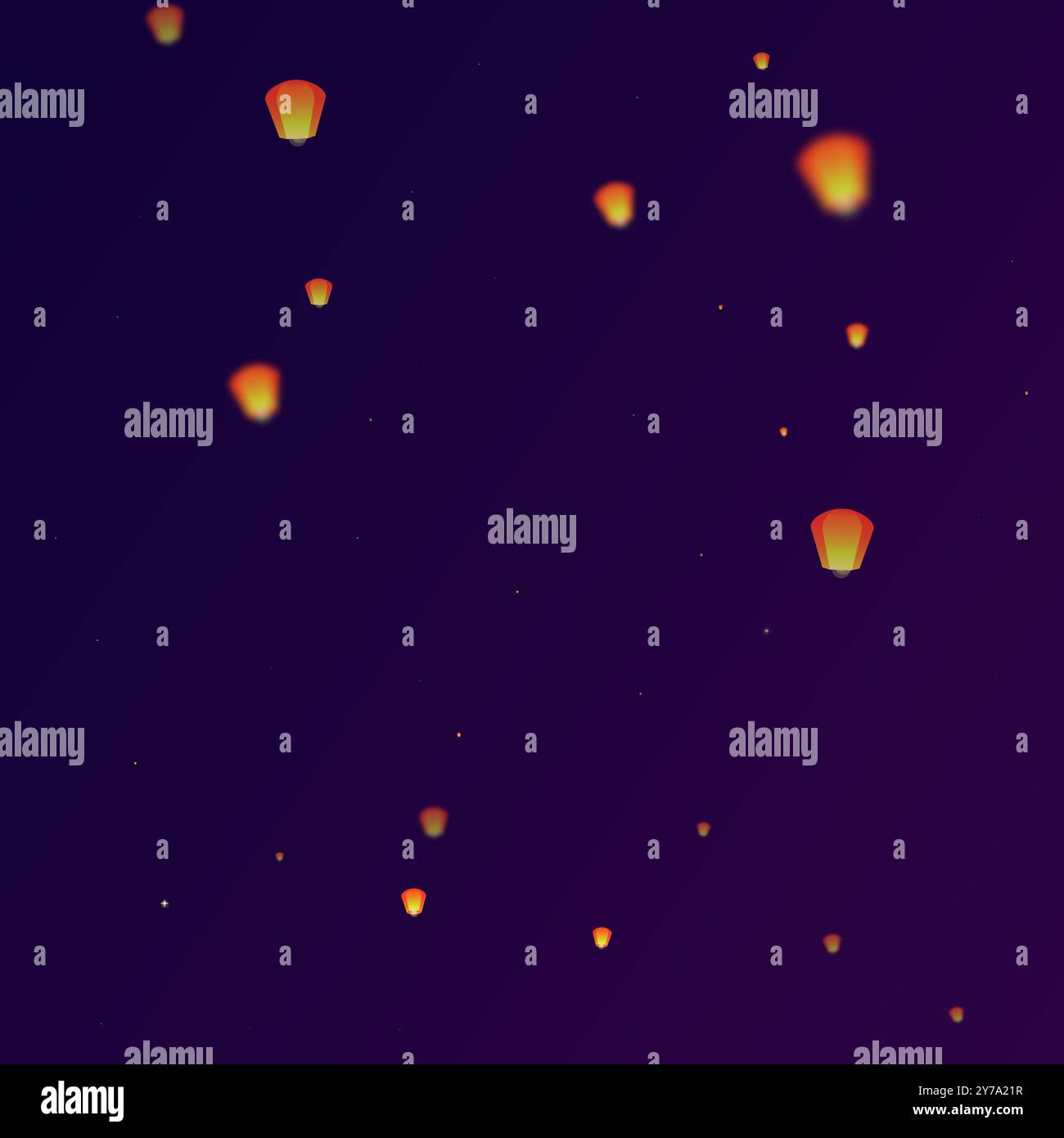 Carte du festival Loy krathong. Vacances en Thaïlande avec des lumières de lanterne en papier volant dans le ciel nocturne. Célébration de Loy Krathong. Illustration vectorielle sur purpl Illustration de Vecteur