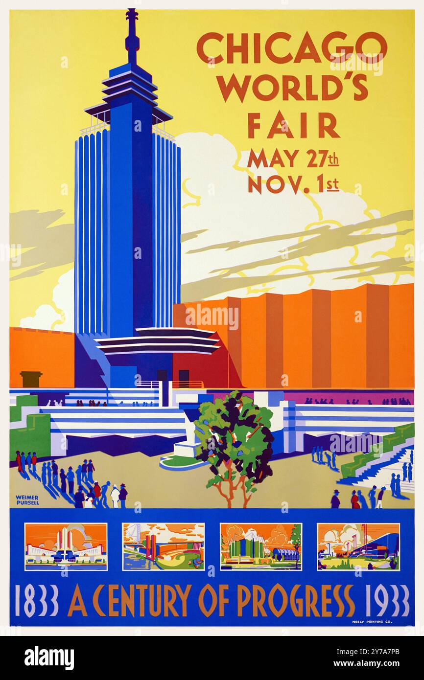 Exposition universelle de Chicago. Un siècle de progrès de Weimer Pursell (1906-1974). Affiche publiée en 1933 aux Etats-Unis Banque D'Images