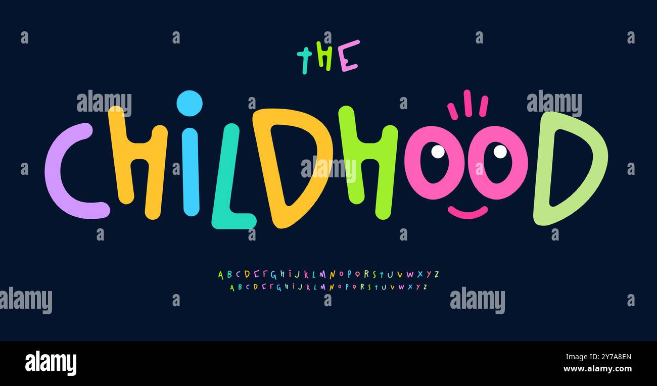 Alphabet ludique de doodle lumineux avec des lettres colorées. Police joyeuse pour les fêtes d'enfants, événement scolaire, dessins de joie funky, logos de jouet d'enfance, jeu d'enfants Illustration de Vecteur