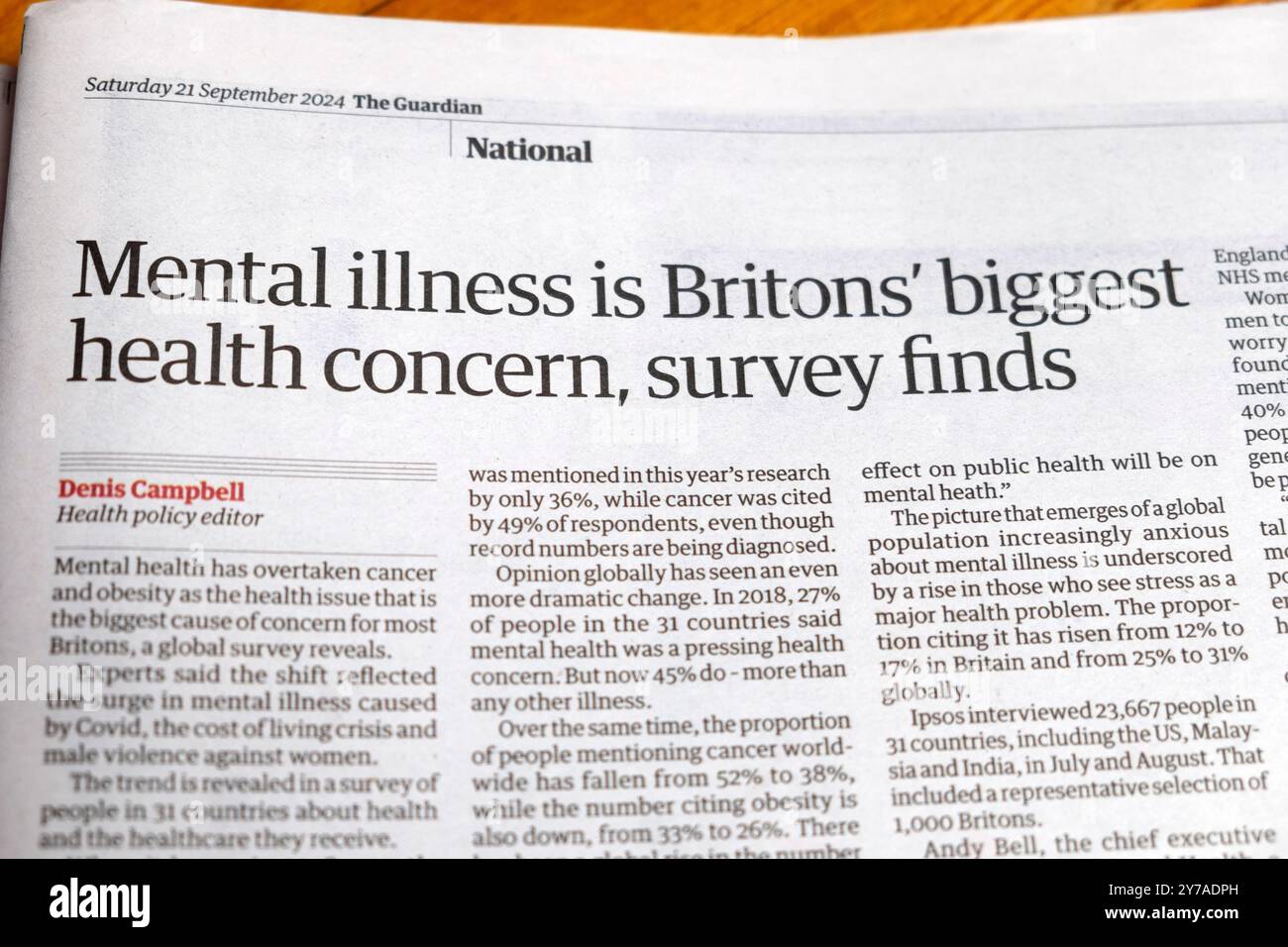 Selon une enquête, « la maladie mentale est le plus gros problème de santé des Britanniques », titre du journal Guardian article de recherche Ipsos 21 septembre 2024 Londres Royaume-Uni Banque D'Images