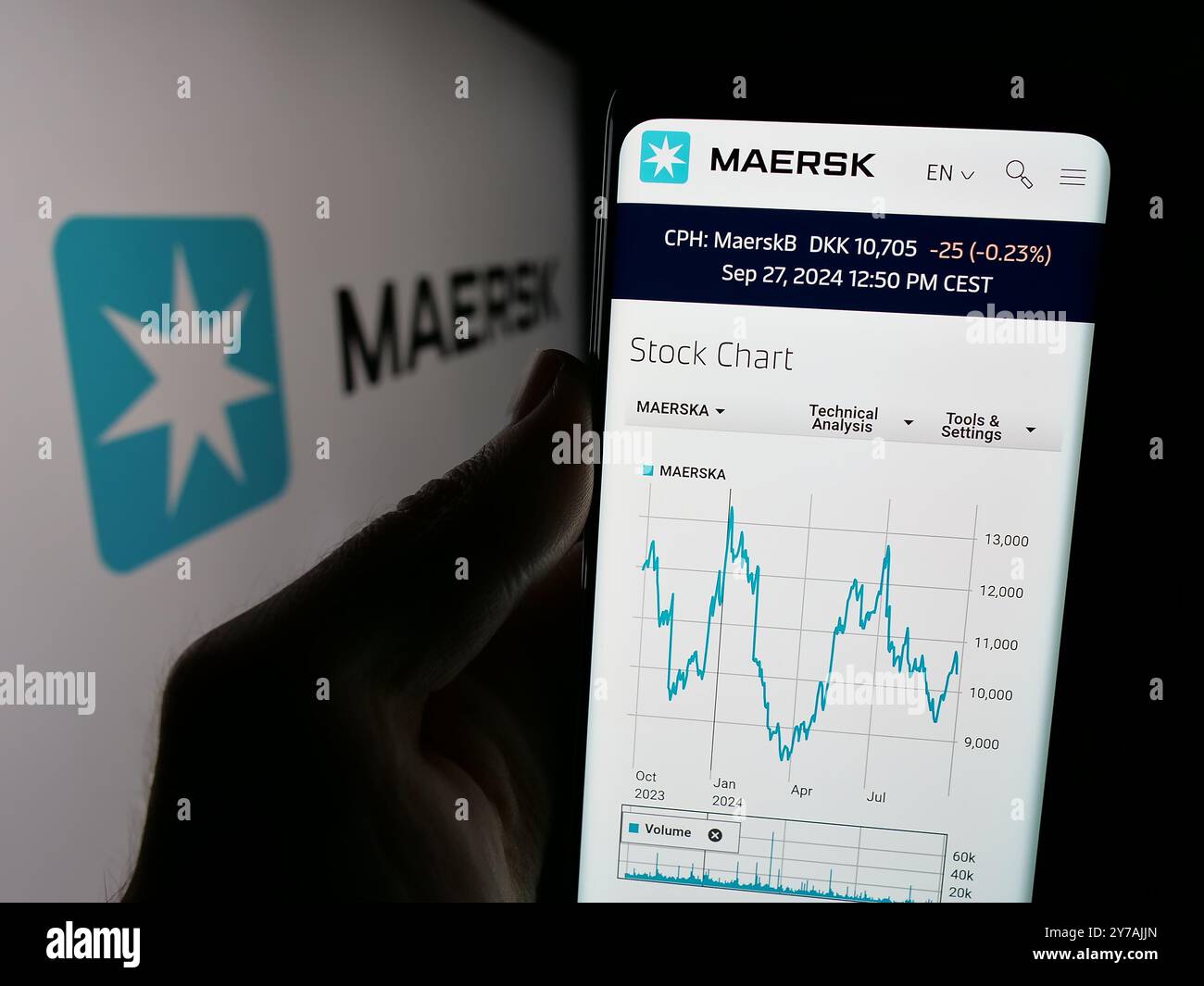 Personne tenant le téléphone portable avec la page Web de la compagnie maritime danoise A.P. Moller - Maersk COMME sur l'écran avec logo. Concentrez-vous sur le centre de l'écran du téléphone. Banque D'Images