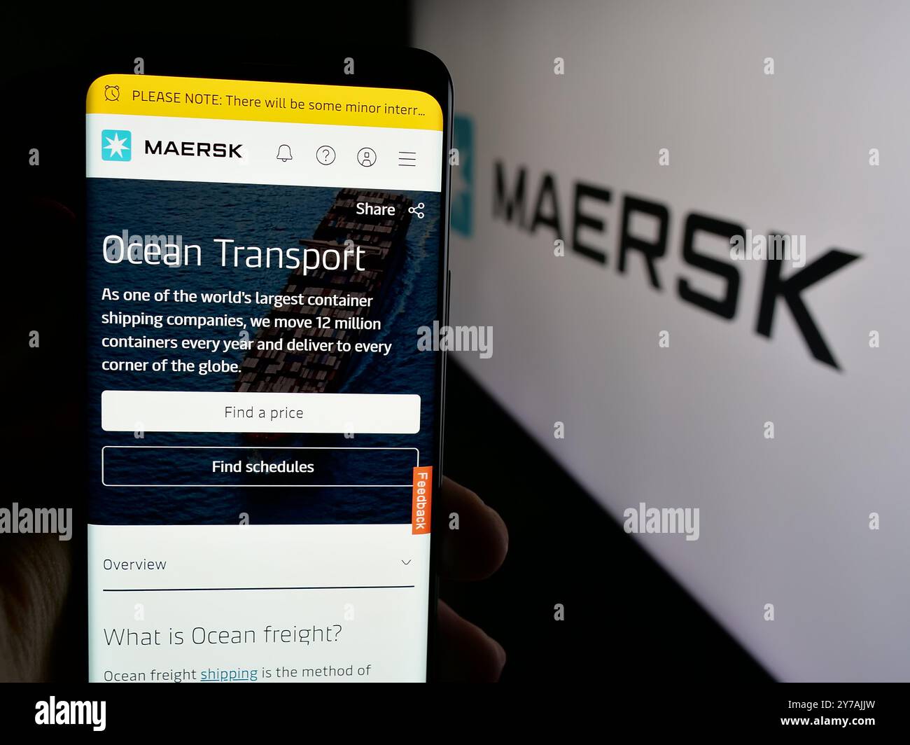 Personne tenant le téléphone portable avec la page Web de la compagnie maritime danoise A.P. Moller - Maersk COMME sur l'écran avec logo. Concentrez-vous sur le centre de l'écran du téléphone. Banque D'Images