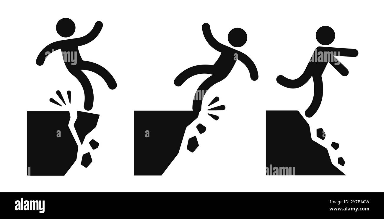 Ensemble de panneaux de danger de chute de falaise. Bord de falaise instable, pente en ruine, risque de trébuchement. Illustration vectorielle de silhouette noir et blanc. Illustration de Vecteur