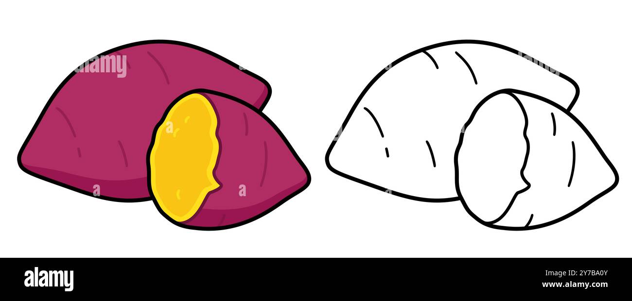 Illustration de patate douce, dessin coloré et icône de ligne noire et blanche. Légumes cuits. Dessin de dessin animé, clipart vectoriel. Illustration de Vecteur