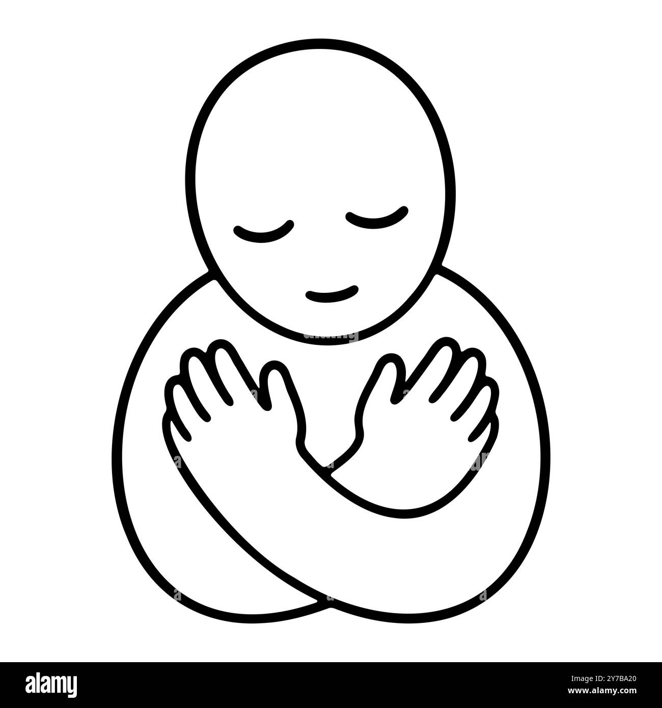 Simple gribouillage de personne serrée et souriante, les bras croisés sur la poitrine. Dessin noir et blanc de l'amour de soi. Illustration vectorielle. Illustration de Vecteur