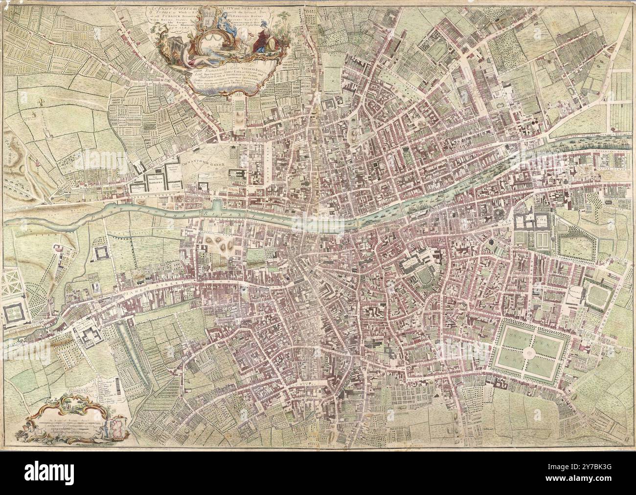 Carte historique vintage de Dublin, Irlande (ville et banlieue) montrant les bâtiments publics, maisons d'habitation, entrepôts, écuries, cours de justice. Produit par John Rocque, 1756 Banque D'Images