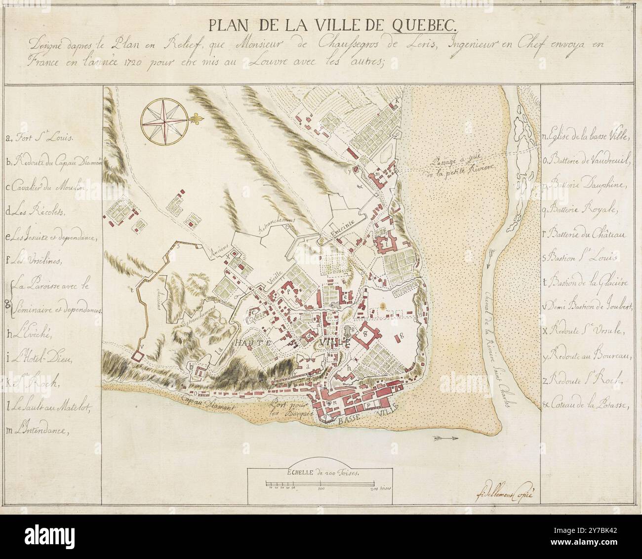 Carte picturale vintage du Plan de la ville de Québec. vers 1750 Banque D'Images