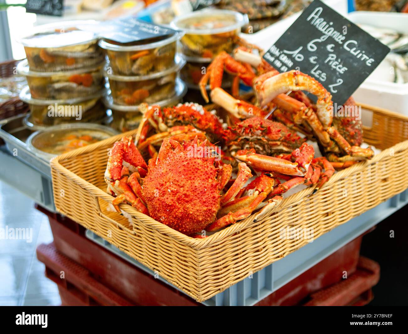 Crabes frais à vendre dans un marché aux poissons, France Banque D'Images