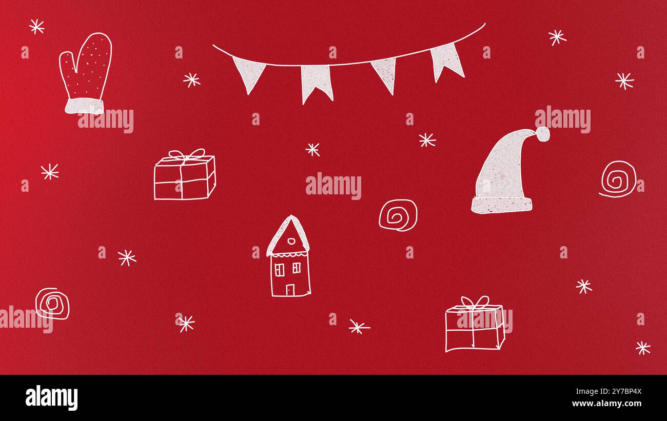Doodles de Noël festif sur fond rouge. style naïf Banque D'Images