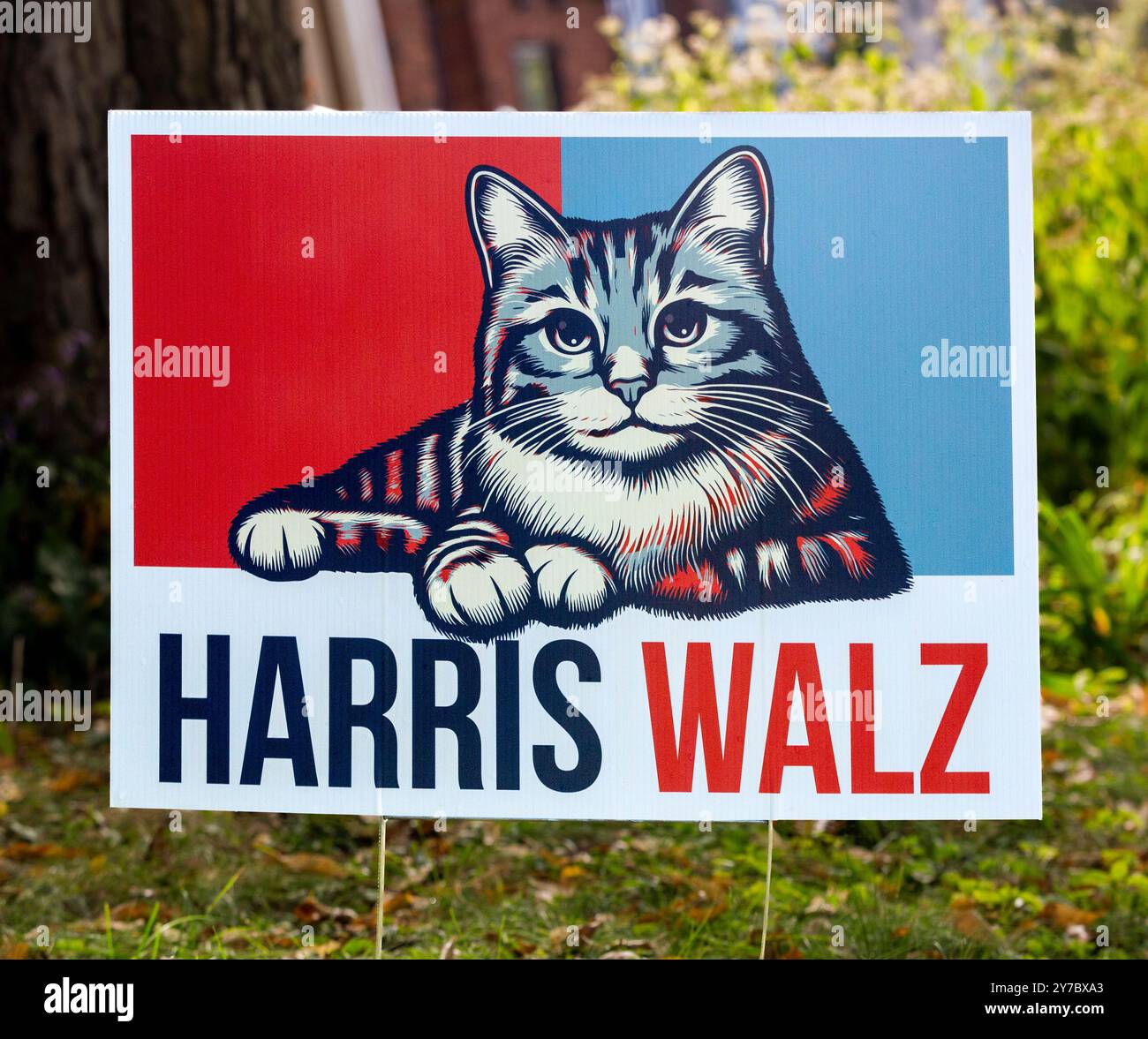 Un panneau de cour pour l'élection présidentielle américaine de 2024 avec un portrait de chat en soutien au vice-président démocrate Kamala Harris et au gouverneur du Minnesota Tim Walz. Banque D'Images