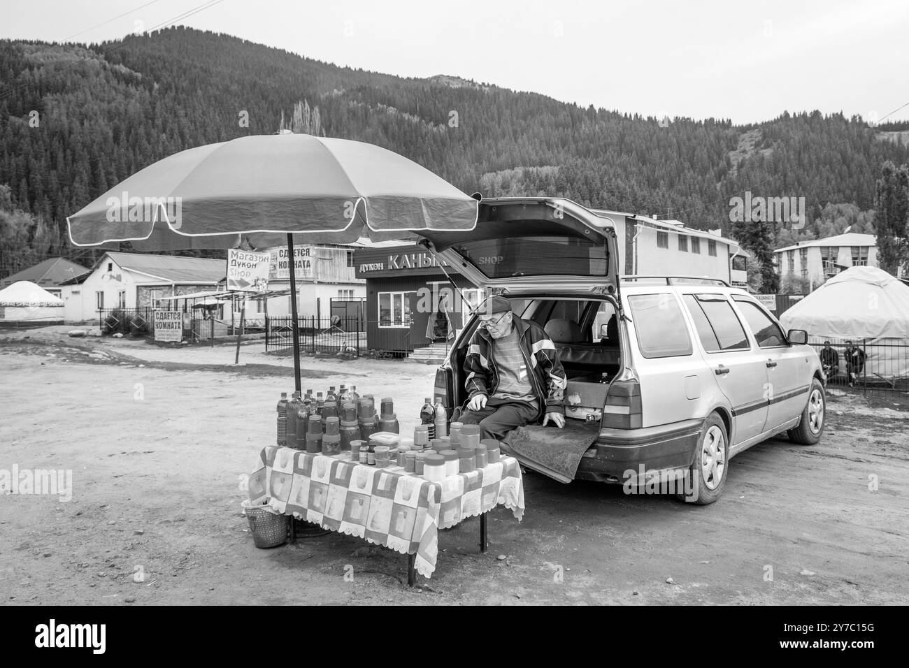 Kirghizistan, village de Djety-Oguz, vendeur de miel Banque D'Images